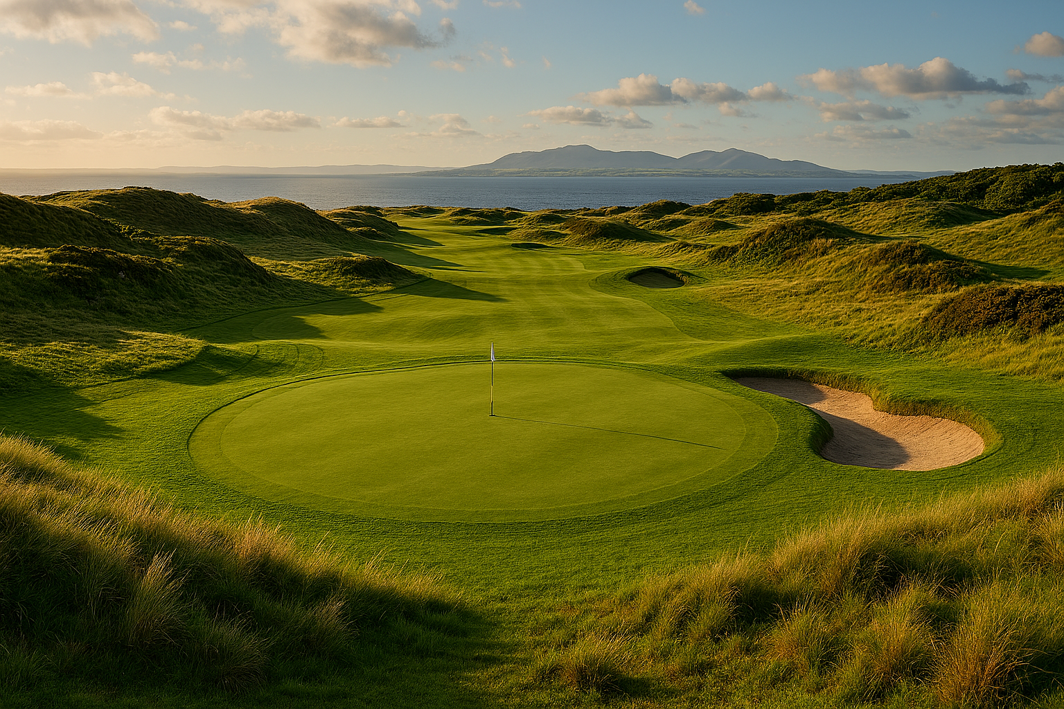 a serene, fictional Scottish golf course with rolling green fairways, heather-covered hills, a rugged coastline in the distance, and soft golden evening light