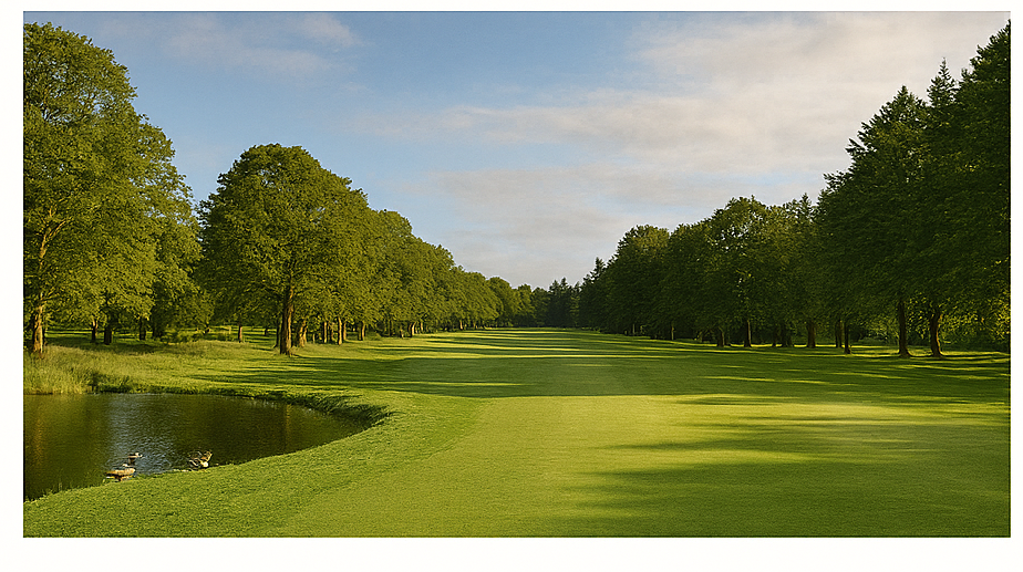 A realistic image of Downfield Golf Club in Dundee, Scotland with no text. Early morning light, mist over a lush green fairway, tall trees on both sides, peaceful and natural atmosphere.