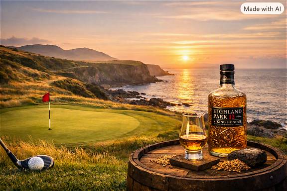 Coastal Scottish golf and whisky scene