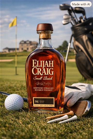 Elijah Craig bourbon bottle with golf theme