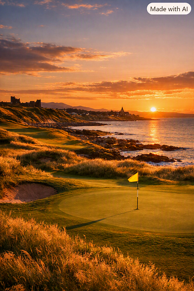 Scottish coastal golf course at sunset
