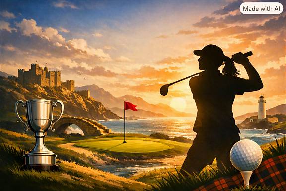 Scottish links golf champion theme with golfer silhouette and coastal landscape